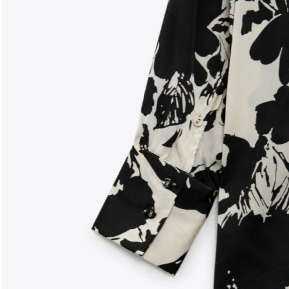 Zara Floral Print Button Down Silk Shirt in Ecru / Black Size M - Picture 13 of 16